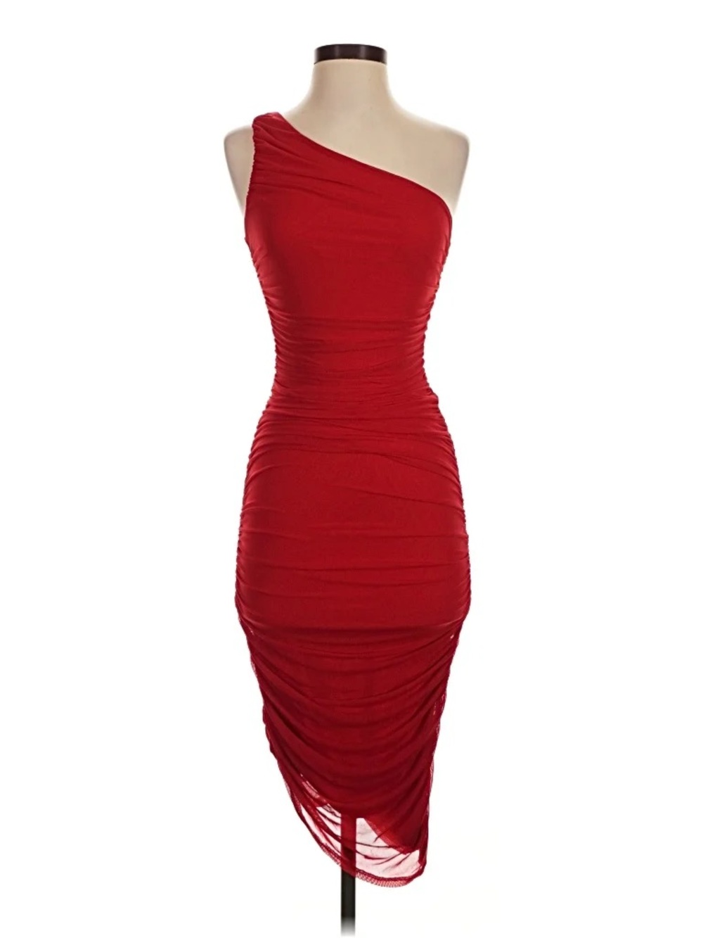Lulu's One-Shoulder Red Ruched Midi Dress
